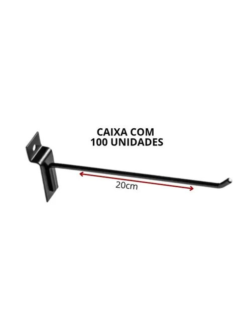 Gancho preto de 20 cm para painel canaletado, haste única com ponta levantada, vista lateral