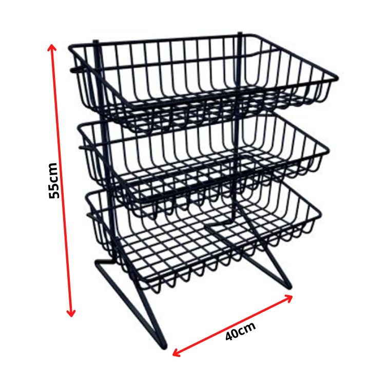 Cesto Porta utilidades expositor de balcão com 3 cestos fixos 55x40cm preto